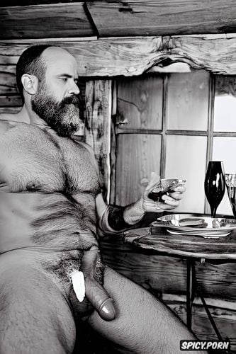 belly, white beard, cozy, table with a plate of cookies, hairy chest