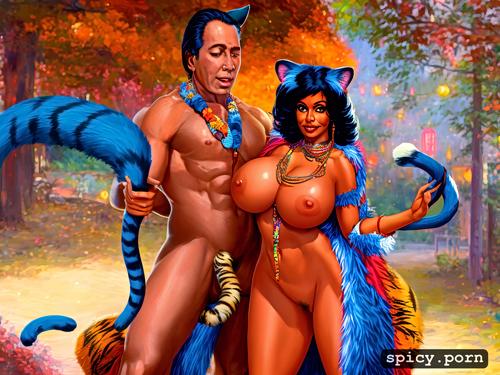 indian milf, 40 yo, gigantic breasts, busty, cat ears, tiger stripes