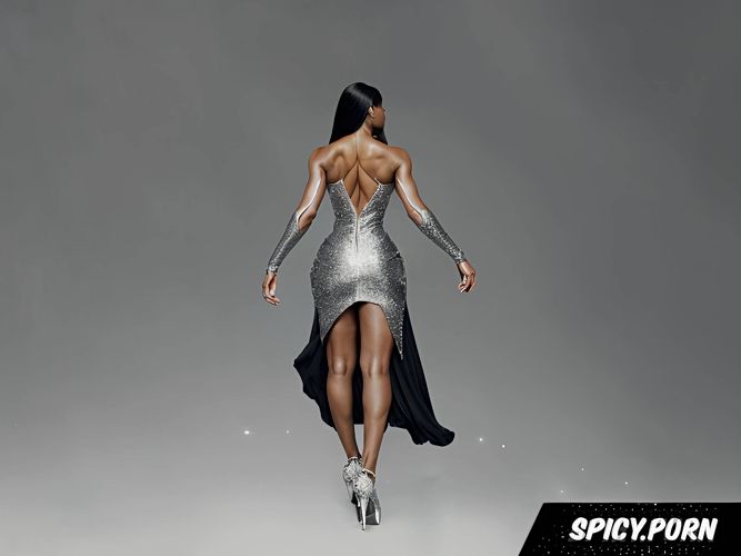 shimmering platform pumps, standing, revealing clothing, black woman