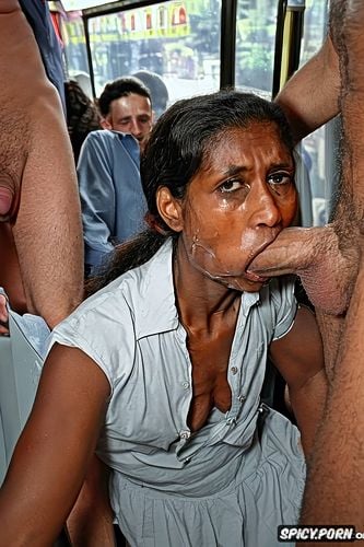 petite, forcing her head to full deepthroat, eyes wide in fear and shock