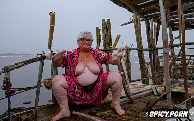 topless, big glasses, saggy tits, very very old granny, very sick