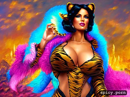 tiger tail, portrait, 1girl, huge breasts, cat eyes, short hair