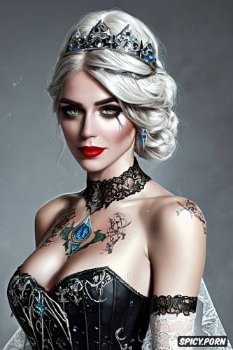high resolution, k shot on canon dslr, tattoos masterpiece, ciri the witcher beautiful face young tight low cut black lace wedding gown tiara