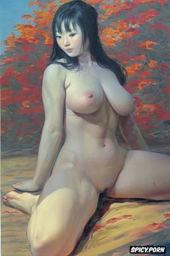 fat thighs, dancing, japanese ethnicity, realistic painting