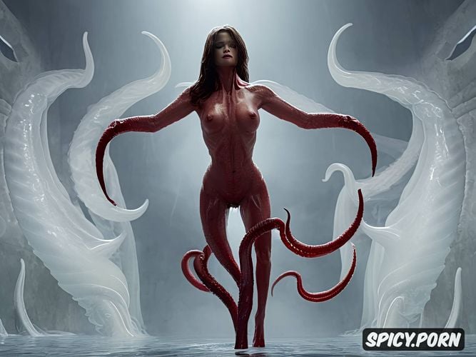 tentacles restraining her, superb natural breast, no legs or arms morphing into tentacles