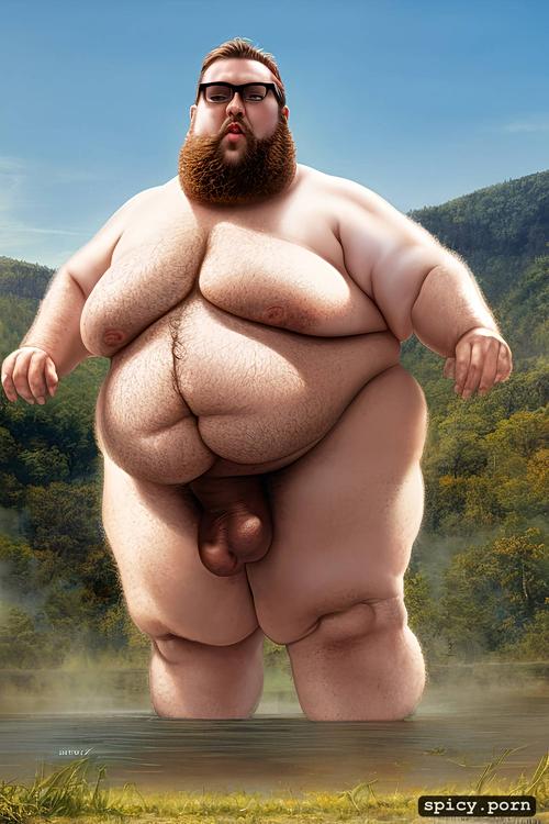 cute round face with beard and glasses, whole body, realistic very hairy big belly