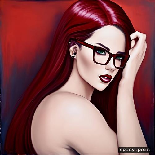 stunning, long dark red hair, 18, dominant, bdsm, piercing, glasses