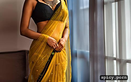 slim waist, wind blowing, highly detailed, hyper realistic, black and yellow saree
