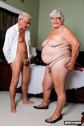 grandma and grandpa nude standing side by side on the room, masterpiece