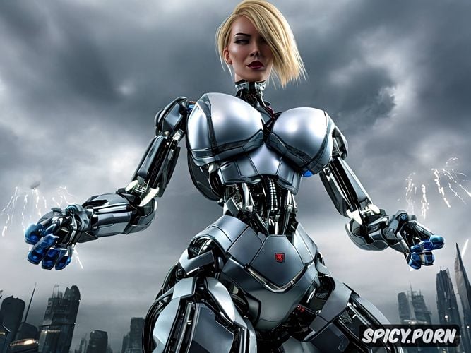 damaged robotic bodies, sparks from abdomen, sexy blonde robots with fully metallic body and huge tits fighting