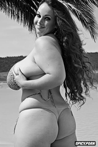 chubby naked, pubic hair, gigantic natural boobs, beach, laughing