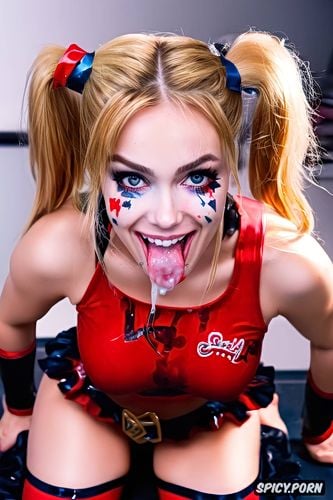 pov, harley quinn, backstage, twin tails hair, drowning in cum