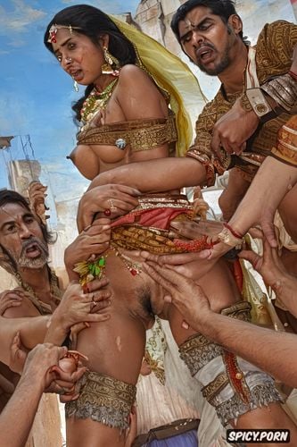 legs modern times, incredibly realistic, an exploited young gujarati villager bhabhi is overwhelmed by a group of panchayat men who are violently grabbing her and forcefully grasping onto her body to reveal her vagina