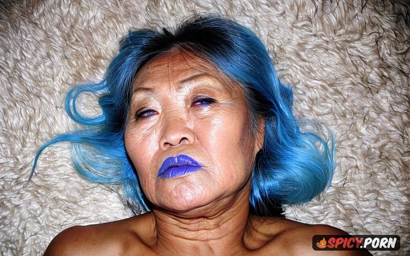 closeup, hot pink lipstick shade, eye color blue, pov, face photo 90 year old mongolian woman with round facial features and high cheekbones