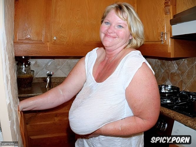 small short nose, fat cute cum covered face, standing straight in east european modest old kitchen with people in background