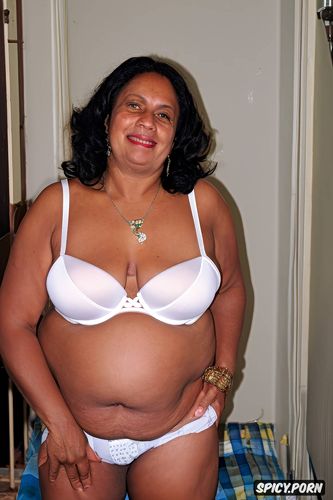 white translucent soft bra, shaved chubby pussy, the belly is not obese