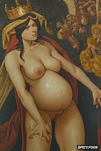 spreading legs shows pussy, masturbating, pregnant, middle ages painting