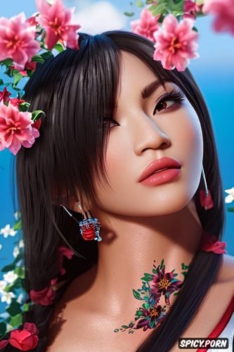 high resolution, ultra detailed, ultra realistic, tifa lockhart final fantasy vii rebirth beautiful face young tight outfit tattoos flowers in hair asian skin masterpiece