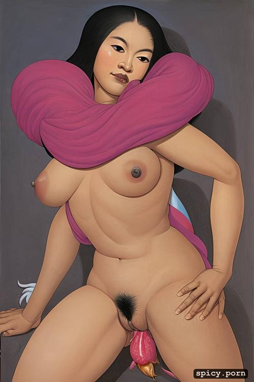 clitoris, asian woman crawling, paolo uccello, pink vagina, entirely black background