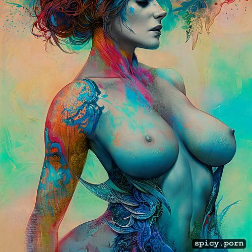 intricate, centered, vibrant, carne griffiths, key visual, nude