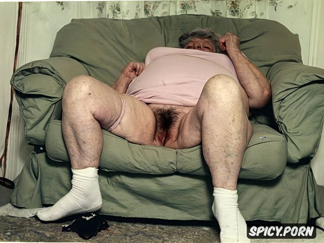 fat, granny, full frontal shot from below, squatting on sofa