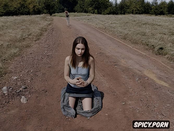 no clothes, tiny boady and titts, she kneels down, fucked by zombie
