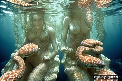 background mating fish and octopuses, open sub sea, 19 yo, very undernourished curvy body s