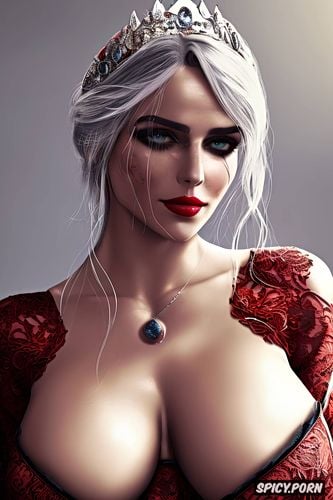k shot on canon dslr, ciri the witcher sexy tight low cut red lace dress tiara beautiful face full lips milf masterpiece