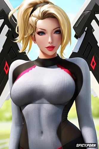 ultra detailed, ultra realistic, mercy overwatch tight black sweater yoga pants beautiful face full lips milf full body shot