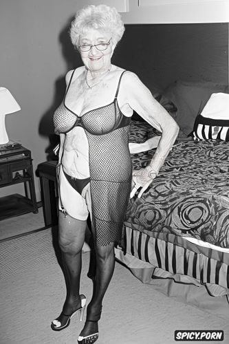 ninety something of age, standing opening robe revealing tits