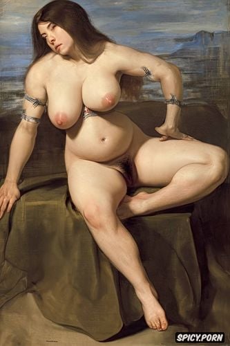 extra wide hips, davinci style hands, chubby belly, hairy pussy