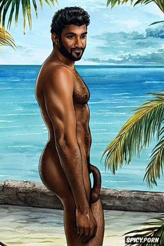 sexy dick, young very handsome face, thick hairy, on a tropical beach