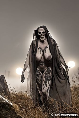 some meters away, scary glowing grim reaper, realistic, haunting human skeleton