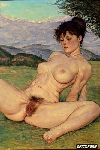 eyes closed, very hairy vagina, abs, impressionism monet, strong arms