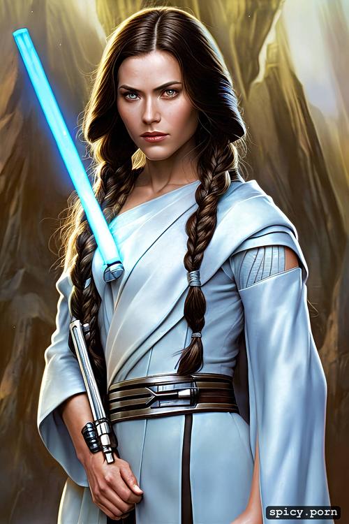 jedi lightsaber, long brown hair in twin braids, star wars the old republic