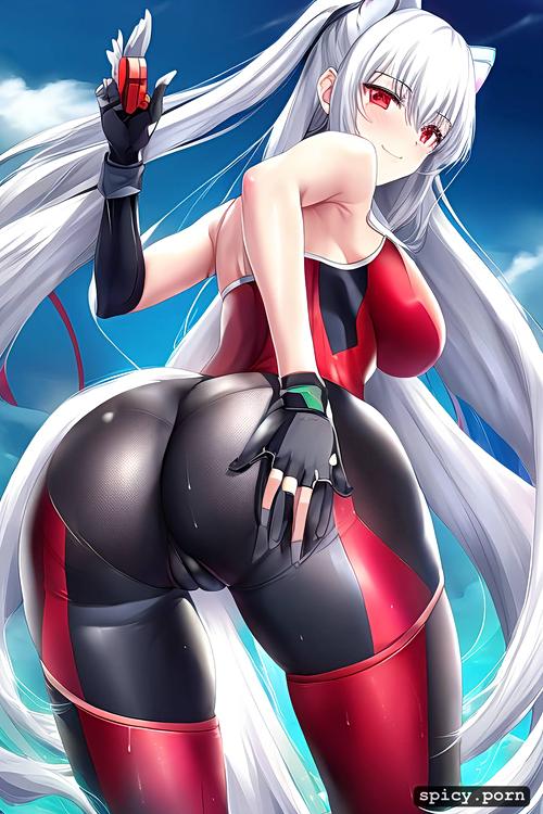 smiling, showing of her ass, white hair colour, good anatomy