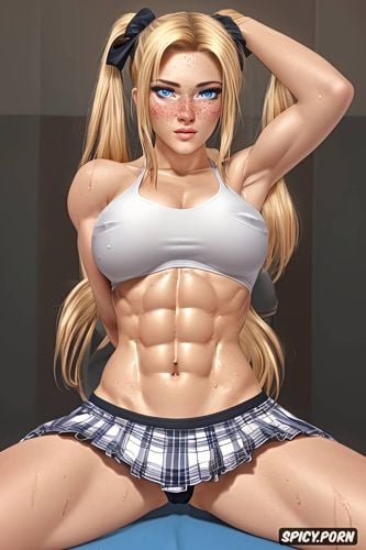 flexing hard muscles, petite, hourglass figure, freckles on cheeks