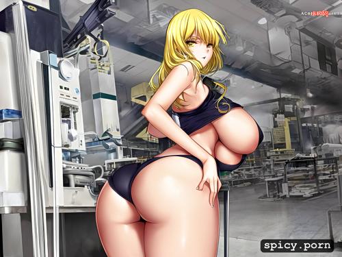 factory, yellow hair, huge ass, cute face, huge boobs, no clothes