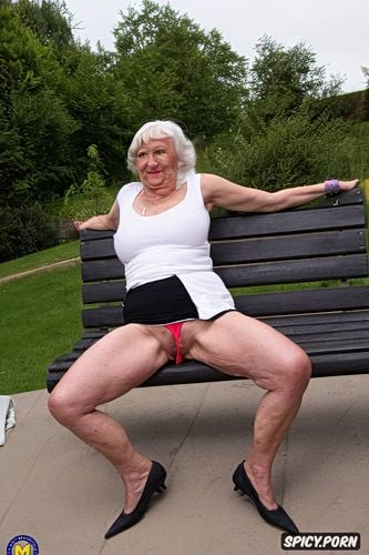 old skinny beautiful wrinkled granny tongue out in detailed spandex white short shorts lips cameltoe spread leg sit on bench outside in hot summer showin detailed pussy bulge point of view