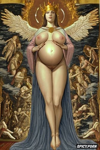crown glowing, classic, angels, virgin mary nude, medieval, altarpiece