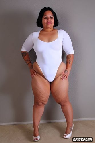 small shrink boobs, thick thighs, standing up, very short hair