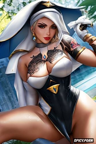 k shot on canon dslr, ultra detailed, masterpiece, ashe overwatch beautiful face young slutty nun costume tattoos
