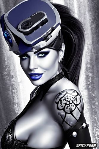 tattoos masterpiece, k shot on canon dslr, ultra detailed, widowmaker overwatch beautiful face milf sexy low cut leather mistress outfit