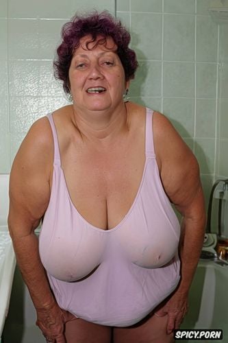 showing big cunt, hair rollers, huge tits, saggy breasts, giant areolas completely covering the breasts