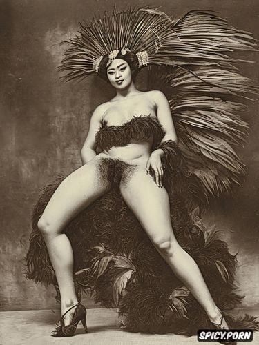 feathers, hairy vagina, spreading legs, japanese nude geisha