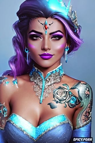 ultra detailed portrait, ultra realistic, sombra overwatch slutty disney princess cinderella tight low cut cinderella ballgown tiara beautiful face tattoos on tits milf