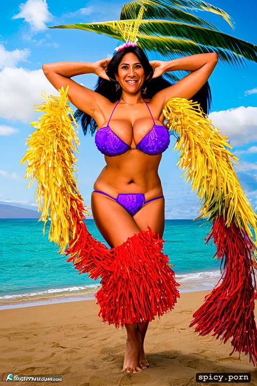 color photo, flawless smiling face, 40 yo beautiful hawaiian hula dancer