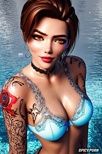 k shot on canon dslr, ultra realistic, tracer overwatch beautiful face young tattoos small perky tits elegant low cut red lace lingerie masterpiece