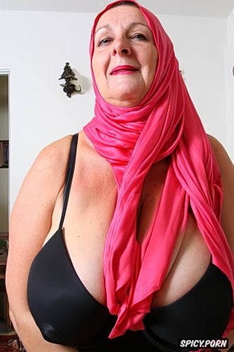 bbw, massive sagging breasts, red hijab, gigantic sagging breasts