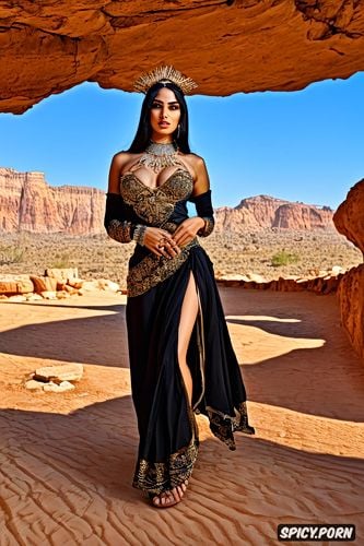 morning star, long black hair, goddess with lynx, blue sky, pagan arabian goddess al uzza in traditional arabian clothing walking through wadi in beautiful desert